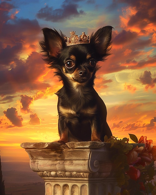 Arafed chihuahua dog with a crown on top of a pedestal