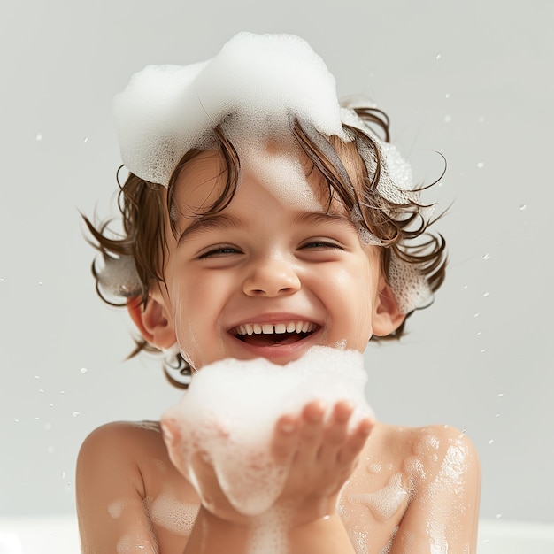 Arafed child in a bathtub with foam on his head