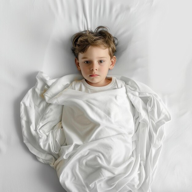 arafed child laying in bed with white sheets and white sheets generative ai