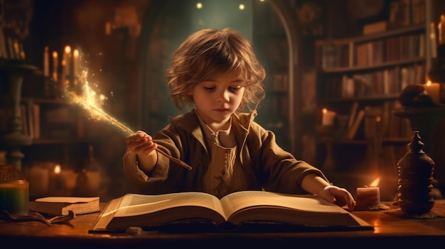 Arafed child reading a book with a sparkler in front of her generative ai