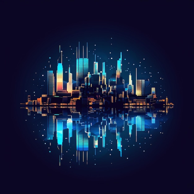 Arafed city skyline with skyscrapers and lights reflected in water generative ai