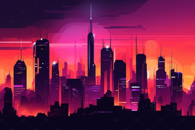 Arafed city skyline with skyscrapers at sunset with a bright pink sky generative ai