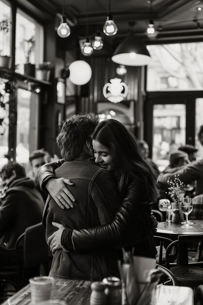 arafed couple hugging in a restaurant with a crowd of people generative ai