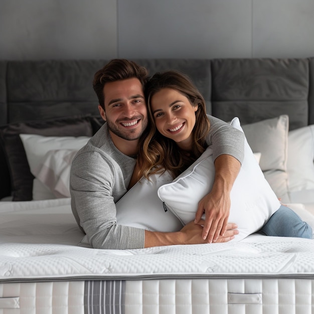 Photo arafed couple laying on a bed with a pillow and smiling generative ai