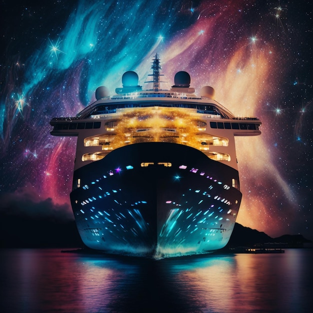 Arafed cruise ship in the water with a colorful galaxy in the background generative ai