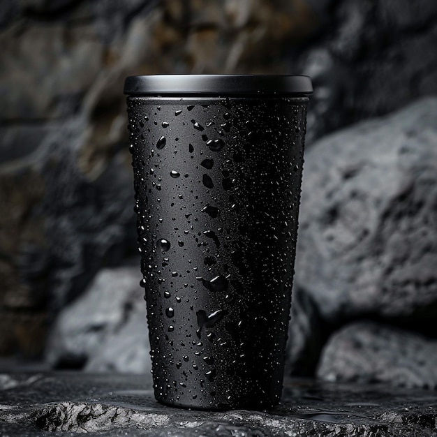 arafed cup of coffee sitting on a rock with water droplets generative ai