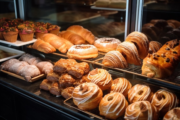 Arafed display of pastries and pastries in a bakery generative ai