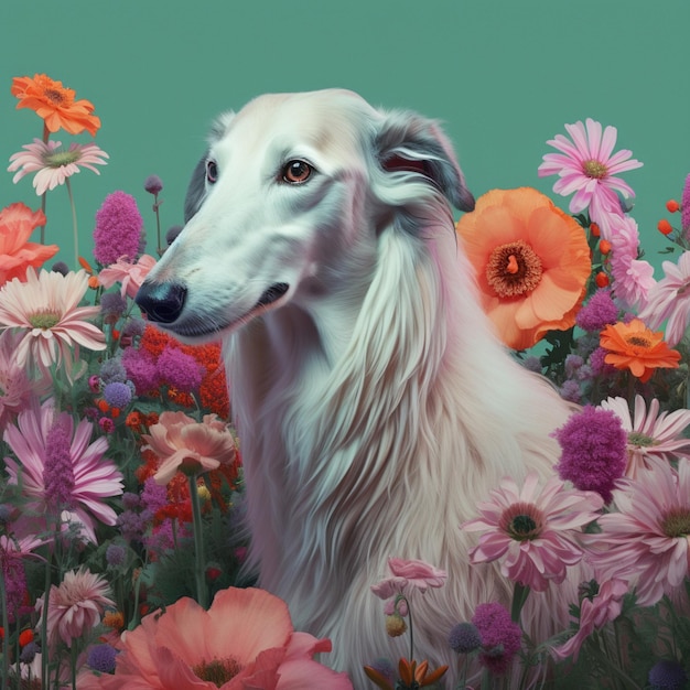 Arafed dog in a field of flowers with a green background generative ai