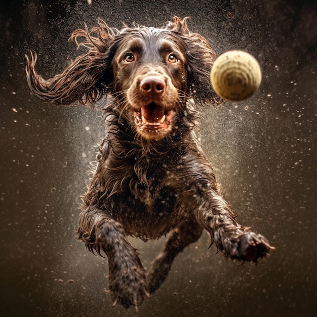 Arafed dog jumping in the air to catch a ball generative ai