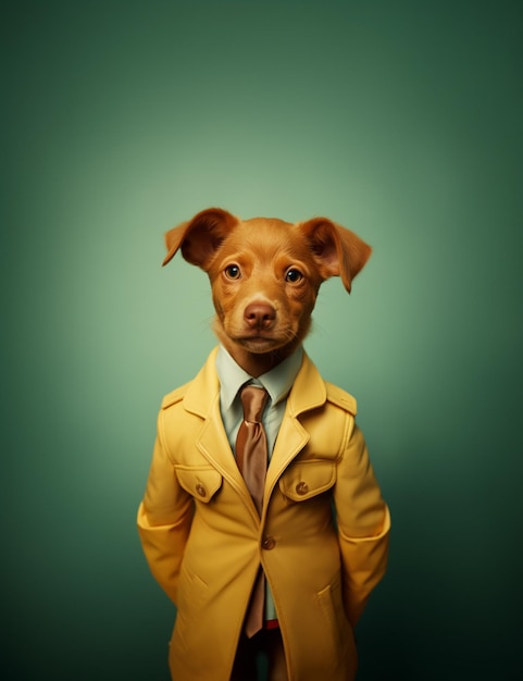 Arafed dog in a suit and tie standing in front of a green background generative ai