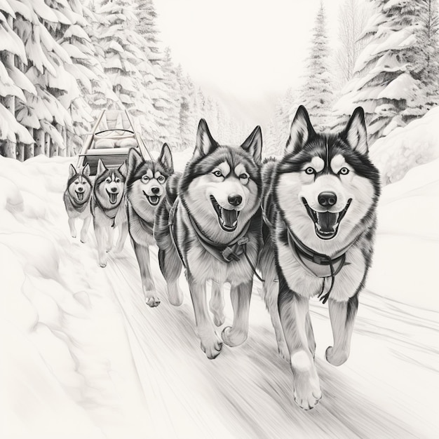 arafed dog team of dogs pulling a sled of people down a snowy road generative ai