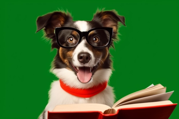 arafed dog wearing glasses and a red scarf reading a book generative ai