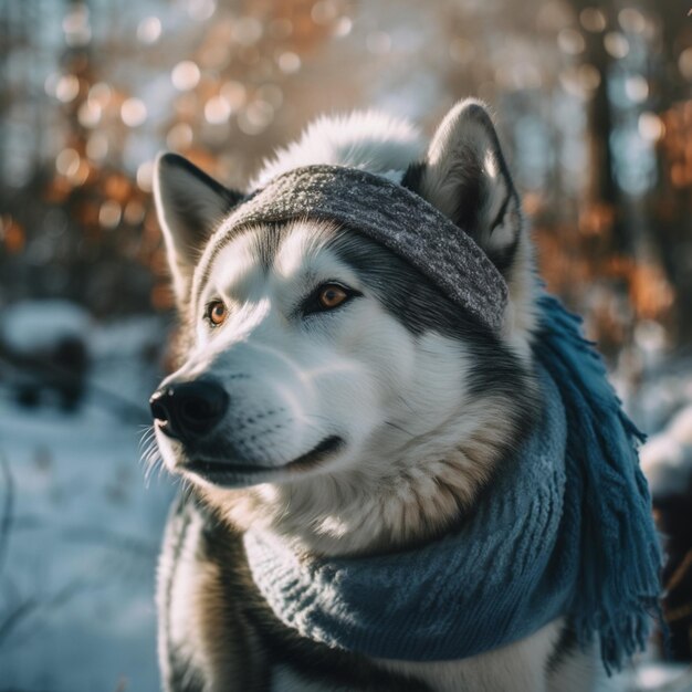 arafed dog wearing a hat and scarf in the snow generative ai