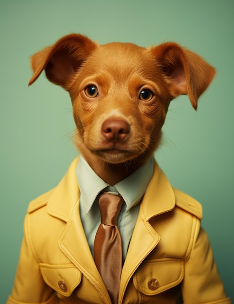 Arafed dog wearing a yellow coat and tie with a green background generative ai