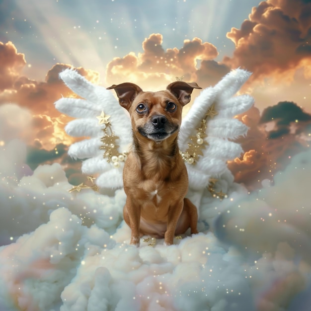 Photo arafed dog with angel wings sitting on a cloud covered ground generative ai