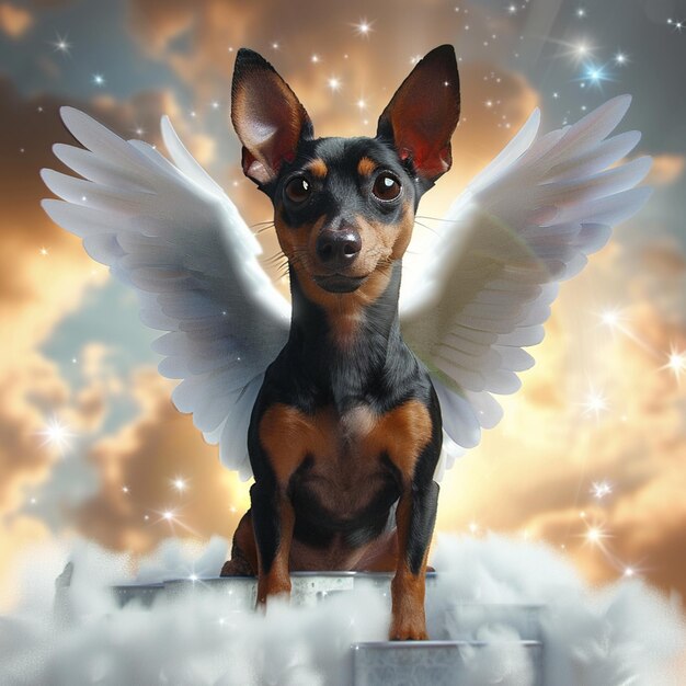 Photo arafed dog with angel wings sitting on a cloud in the sky generative ai