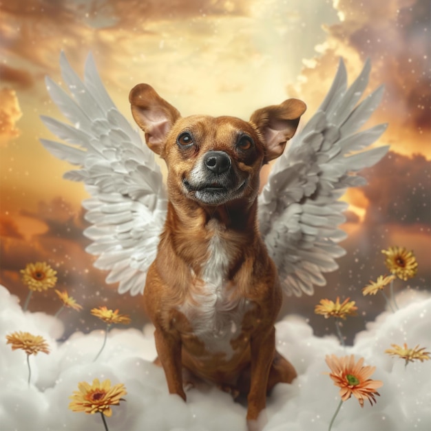 Photo arafed dog with angel wings sitting on a cloud with daisies generative ai