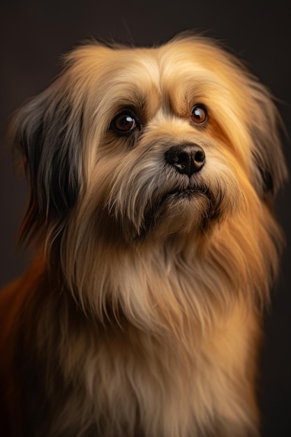 Arafed dog with a black nose and brown fur looks up generative ai