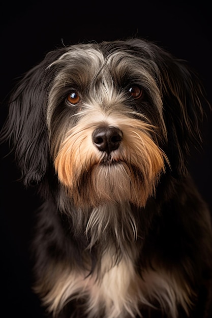 Arafed dog with a black and white coat and a brown nose generative ai