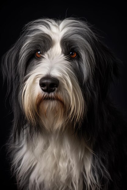 Arafed dog with a black and white coat and a red eye generative ai