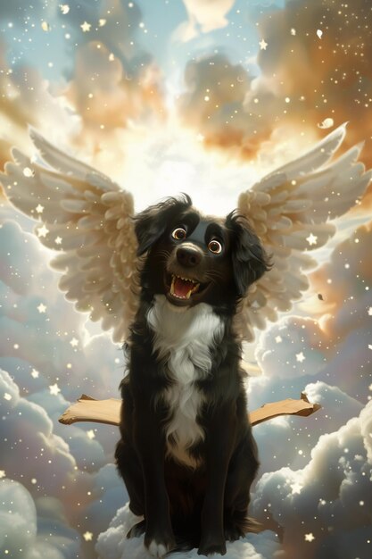 Photo arafed dog with wings sitting on a cloud with a star in the sky generative ai