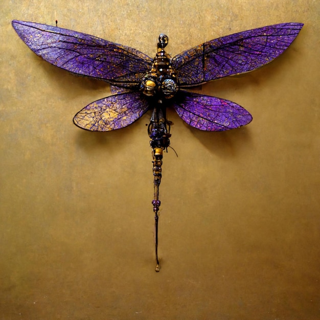 arafed dragonfly with purple wings and gold accents on a tan background generative ai