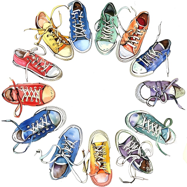 Photo arafed drawing of a circle of colorful sneakers with the words life is a circle