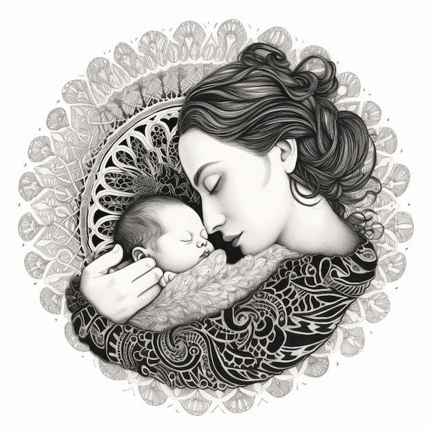 Arafed drawing of a woman holding a baby in her arms generative ai