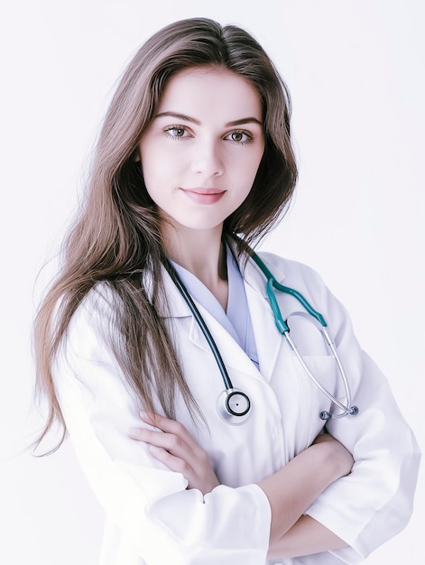 Arafed female doctor with stethoscope and stethoscope standing with arms crossed