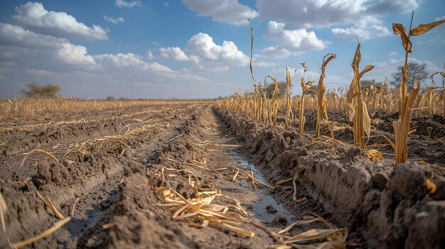 arafed field with a puddle of water and a few corn stalks generative ai