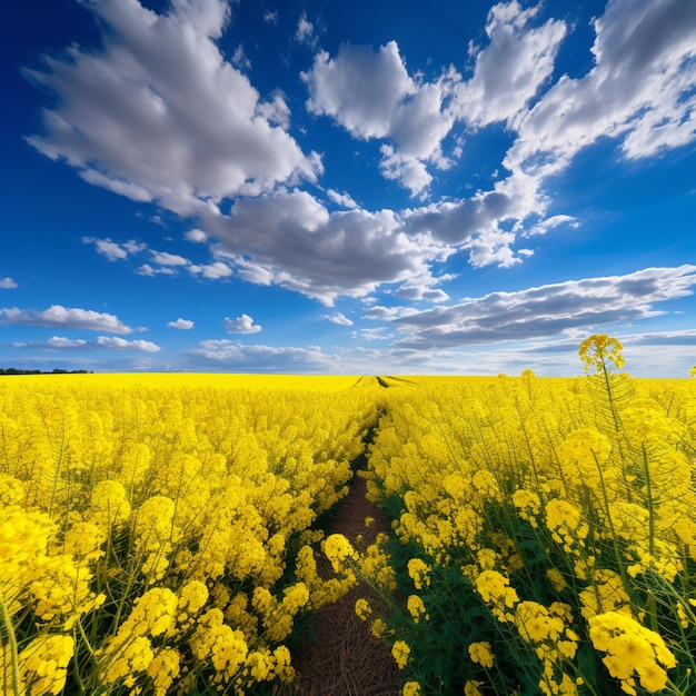 arafed field of yellow flowers with a dirt path in the middle generative ai