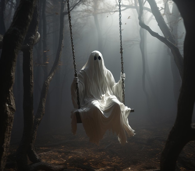 arafed ghost sitting on a swing in a dark forest generative ai