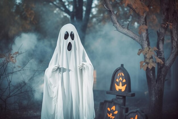 Arafed ghost standing in front of a cemetery with pumpkins generative ai