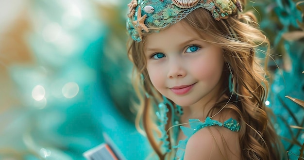 Arafed girl with a blue dress and a crown on her head