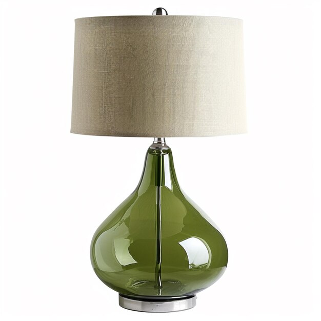 arafed green glass lamp with a linen shade on a white background generative ai