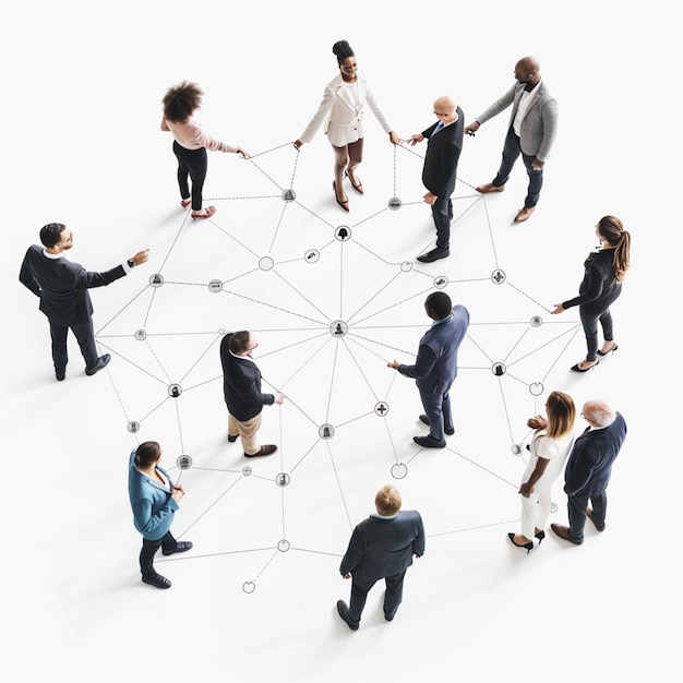 Photo arafed group of people standing in a circle with connected lines generative ai