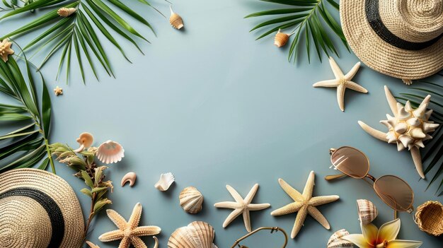 arafed hat sunglasses palm leaves and other sea shells on a blue background