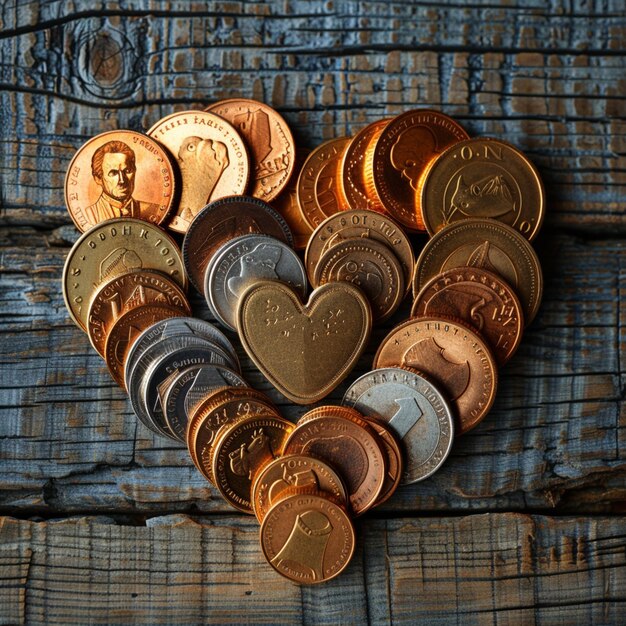 Photo arafed heart of coins on a wooden surface generative ai