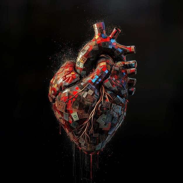 Arafed heart made of broken pieces of electronics on a black background