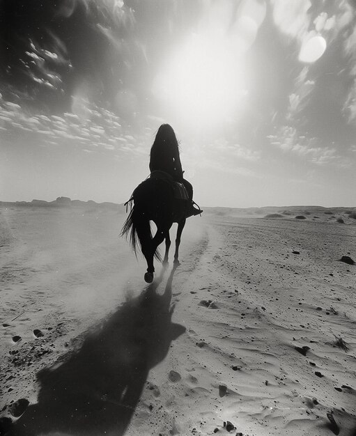 Photo arafed horse rider in the desert with the sun shining through the clouds