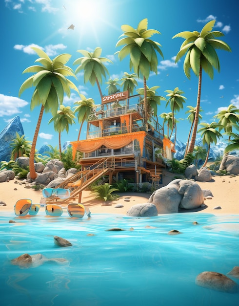 Arafed house on a tropical island with a boat in the water generative ai