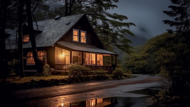 Arafed house with a dark roof and a light on generative ai