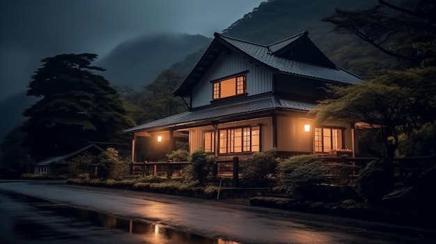 Arafed house with a dark roof and a light on generative ai