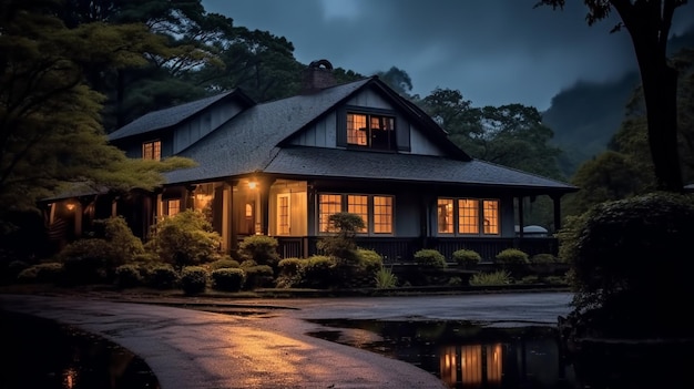 Arafed house with a dark roof and a lit up porch generative ai