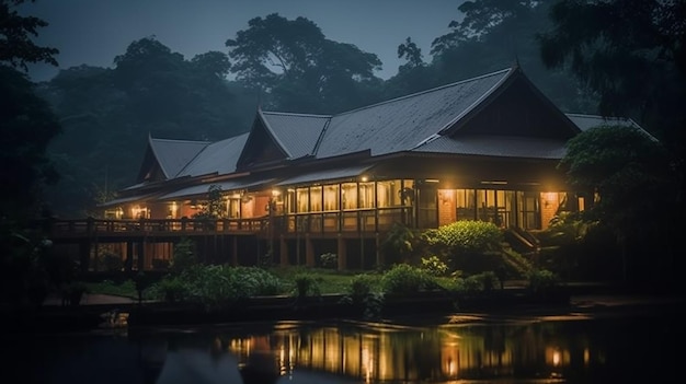 Arafed house with a pond and lights on at night generative ai