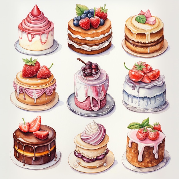 arafed illustration of a variety of cakes with different toppings generative ai