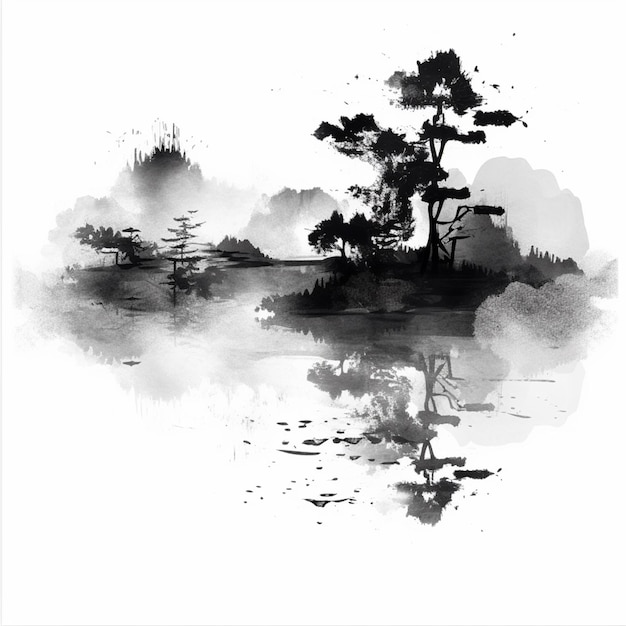 Arafed image of a black and white painting of a lake generative ai