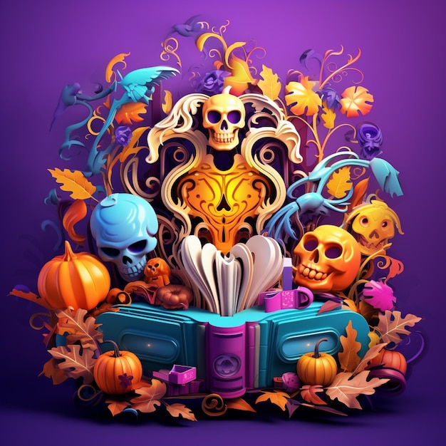 arafed image of a book with a skull and a bookmark surrounded by pumpkins and other decorations generative ai