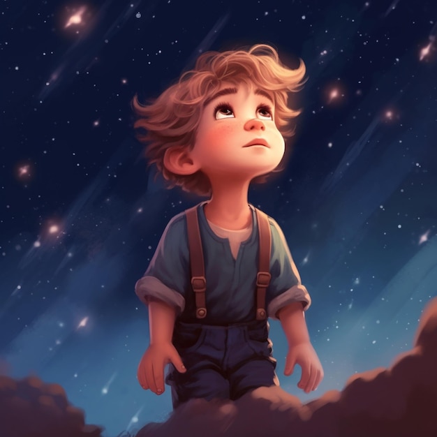 Arafed image of a boy looking up at the stars generative ai