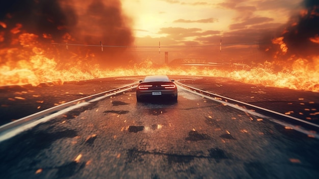 Arafed image of a car driving on a road with flames in the background generative ai